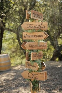 a wooden sign pointing to different destinations on a pole in front of trees and dirt