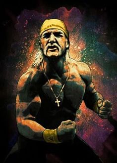 a painting of a wrestler with his hands in the air and wearing a yellow headband