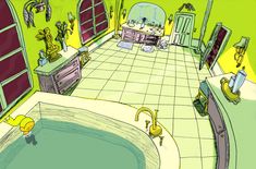 this is an image of a bathroom with green walls and tile flooring that has yellow ducks in the bathtub