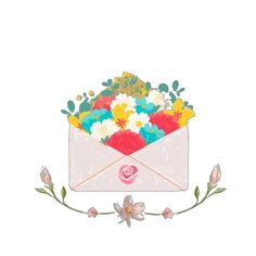 an envelope filled with flowers and leaves