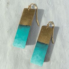 New Earrings 1.5”L 18k Gold Plated Ear Wires Antique Tone Gold Plated Rectangle Shaped Charms, Hand Painted Blue Greenish Patina Exclusive Handmade In Us California Fast Shipping Bundle Up And Save Even More Gold Rectangular Jewelry For Summer, Rectangular Gold Jewelry For Summer, Rectangular Gold Summer Jewelry, Patina Jewelry, New Earrings, Earring Sale, Hand Crafted Jewelry, Crafted Jewelry, Rectangle Shape