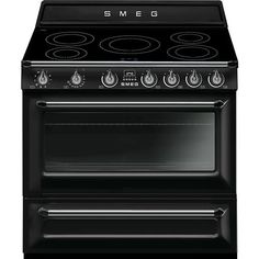 an electric stove with two burners and one oven door open, on a white background