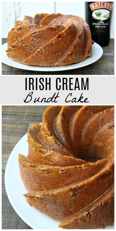 a cake that has been sliced and is sitting on a plate with the words, irish cream bundt cake