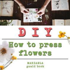 the cover of a book with flowers on it and two hands over an open book that says diy how to press flowers