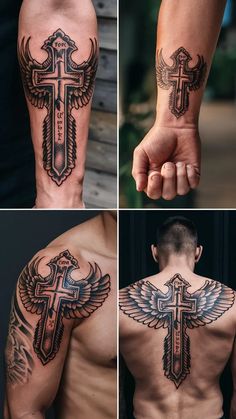 four different pictures of men's tattoos with cross and wings