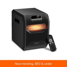 an electric heater with the words now trending, $ 50 & under on it