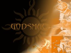 an orange and black background with the words godsmo on it