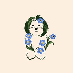 a small dog with blue flowers in its mouth