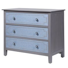 a grey and blue dresser with three drawers