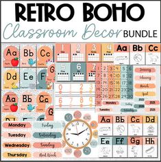 the retro boho classroom decor bundle includes letters, numbers, and puncturines