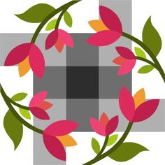 a square with leaves on it and a black circle in the middle that is surrounded by grey squares