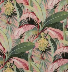 a pink and green tropical print wallpaper with large, leafy leaves on it