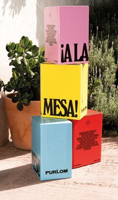 three colorful boxes sitting on top of each other next to a potted plant in front of a building