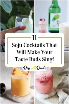 Collage of 4 soju cocktails. Easy Cute Cocktail Recipes, Yogurt Soju Cocktail Recipes, Watermelon Soju Cocktail, Soju Mixed Drinks Recipe, Soju Cocktail Recipes Drinks, Soju Yakult Recipe, Lychee Soju Cocktail, Chinese Drinks Alcohol, Sake Mixed Drinks