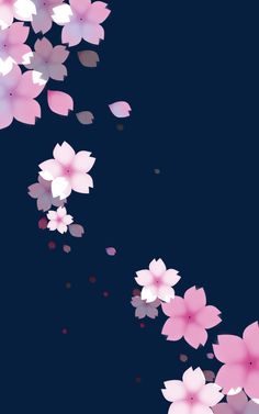 pink flowers floating in the air on a dark blue background