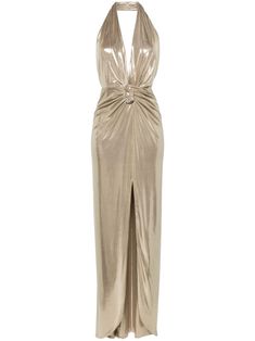 gold-tone high-shine finish knot detailing plunging V-neck concealed rear zip fastening backless front slit full-length Flowy Gold Dress, Collection Moodboard, Vampire Core, Gold Silk Dress, Edgy Glam, Wedding Party Outfits, Golden Dress, Champagne Dress, Elegant Lady