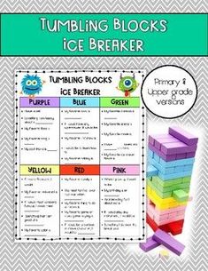 a stack of cubes with the words tumbling blocks ice breaker