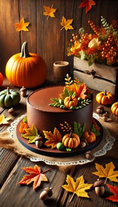 a chocolate cake decorated with leaves and acorns sits on a table surrounded by fall decorations