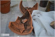 an old planter with dirt on it sitting next to a towel and potted plants