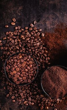 coffee beans and ground coffee on a table