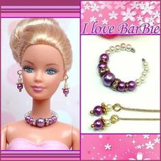 the barbie doll is wearing purple pearls