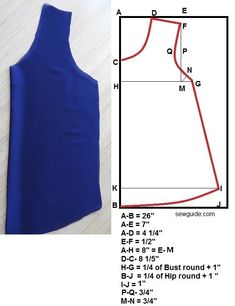 an image of a sewing pattern for a top that is blue and has red lines on it