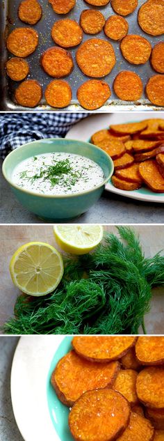 three different views of baked potato wedges with dip and dill sprigs