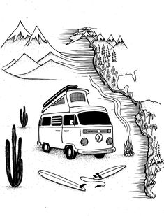 a drawing of a van driving down a road next to a cactus and mountain range