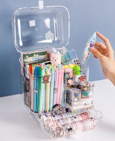 a clear plastic case filled with lots of different types of pens and pencils on top of a white table