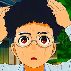 an animated image of a man with glasses on his head, holding his hands to his hair