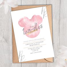 a pink and gold mickey mouse birthday party card with the word, oh twodles on it