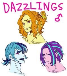 three cartoon girls with different colored hair and the words dazzlelings on top of them