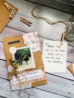 some cards are laying on a table with tags attached to them and the words'thank you for all the small things you do, and for your big heart '