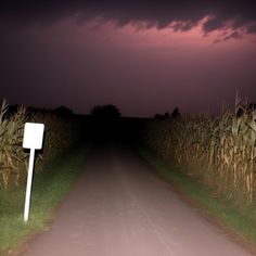 an empty road in the middle of a corn field at night with storm clouds overhead