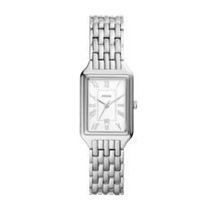 Simple and elegant, this ladies' Fossil Raquel rectangular watch with a white dial is a classic look you'll love to wear. The white dial showcases silver-toned hands and roman numeral markers, and a date display at 6 o'clock. 23.0mm rectangular stainless steel case with mineral crystal Quartz movement keeps accurate time. The stainless steel link bracelet secures with a push-button fold-over clasp. Water resistant to 50 meters, this watch includes a 2-year limited manufacturer's warranty. We are Fossil Raquel, Silver Color Scheme, Silver Watches Women, Fossil Watch, Fossil Watches, Three Hands, Stainless Steel Mesh, Black Stainless Steel, White Dial