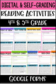 a poster with the words reading activities for 6th grade students to use in google forms