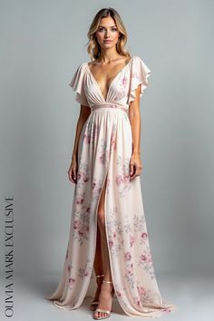 Olivia Mark - Elegant Floral Print Maxi Dress with Flutter Sleeves and Thigh-Slits Elegant Floral Print Dress With Split, Elegant Floral Print Maxi Dress With Split, Elegant Floral Print Split Maxi Dress, Elegant Split Maxi Dress With Floral Print, Elegant Pink Maxi Dress With Flutter Sleeves, Blush Fitted V-neck Maxi Dress, Pink V-neck Maxi Dress With Side Slits, Spring Formal Maxi Dress With Split, Elegant Pink Split Maxi Dress