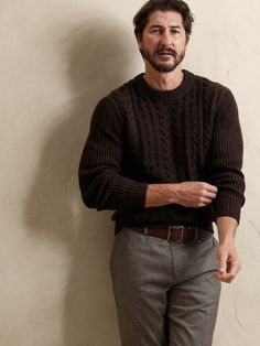 Artfully crafted from a rare reverse cable technique, this lofty sweater is knitted from luxurious Italian wool with a classic crew-neck silhouette.  Perfect for cabin mornings and brisk mountain excursions.  FROM ITALY'S FILPUCCI MILL: Fueled by a t Sweater Wedding Outfit Men, Navy And Brown Outfit Men, Mens Brown Sweater Outfit, Brown Cable Knit Crew Neck Sweater, Brown Merino Wool Crew Neck Sweater, Classic Brown Cable Knit Sweater, Brown Textured Knit Merino Wool Sweater, Brown Merino Wool Cable Knit Sweater, Dark Autumn Men