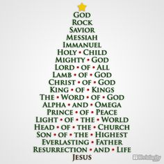 a christmas tree with the words jesus written in green and gold on it's side