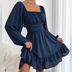 Never Worn, It’s New Such A Cute Stylish Trendy Dress Size S (4) Some Pictures Color Makes It Look Super Light Cuz Of Sunlight Color Is Navy Blue Ruffle Hem Dress, Dresses For Teens, Lantern Sleeve, Hem Dress, Fancy Dresses, Simple Dresses