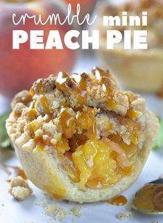 mini peach pies with crumbled topping on top and title text overlay