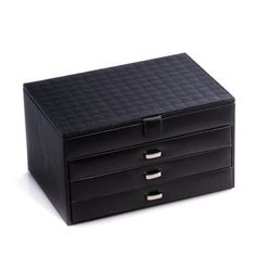 a black leather jewelry box with three drawers