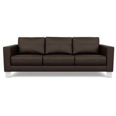 a brown leather couch with white legs and pillows on the bottom half, against a white background