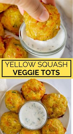 two pictures showing different types of vegetable tots with dip in the middle and on the side