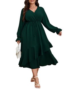 PRICES MAY VARY. FEATURES: Plus Size Maxi Dresses / Long Sleeve Dress / Plus Size Dresses for Curvy Women/ Cross V Neck Dress / High Waist / Self Tie Belt / High Low Dress / Flowy A-Line Dress / Semi Formal Dress / Plus Size Cocktail Dress / Plus Size Wedding Guest Dress/ For Spring, Summer, Fall. This Plus Size Wrap Dress, Made Of 100% Polyester, Provides You Great Breezy Feeling And Contributes a Large Portion Of Comfort. And It Is Wonderfully Regular Fit Without Restricting Your Movement DESI Dress To Hide A Large Tummy, Fall Wedding Midi Dress With Ruffles, Fall Wedding Guest Dress Amazon, Emerald Green Family Picture Outfits, Plus Size Fall Wedding Guest Outfit, Plus Size Cocktail Attire, Plus Size Flowy Dress, Dress Plus Size Wedding Guest, Plus Size Wedding Guest Dress