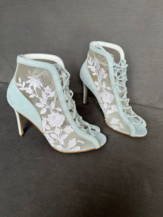 Lace Wedding Shoes with High Heels, Floral Embroidered and Beaded Bridal Stiletto Heels, Wedding Lace Boots with Front Lace and Peep Toe Embroidered Wedding Shoes For Summer Parties, Embroidered High Heel Wedding Shoes, Floral Embroidered High Heel Wedding Heels, Wedding Heels With Floral Embroidery And Round Toe, Summer Wedding Heels With Floral Embroidery, Floral Embroidered High Heels For Wedding, Spring Wedding Heels With Floral Embroidery, Elegant Embroidered Wedding Shoes For Spring, Summer Wedding Embroidered Heels