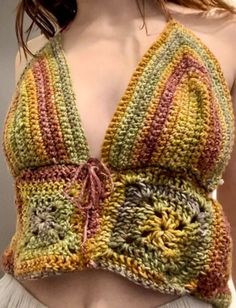 Earth Toned Halter Crochet Crop-Top Made with Granny-Squares Underbust tie makes this piece adjustable and gives support!  Unlined  Size: S-M Cup Size: C-DD Halter Crochet, Crochet Crop, Wool Crafts, Crochet Crop Top, Granny Squares, Crochet Art, Cup Size, Crochet Ideas, Earth Tones