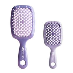 FHI Heat 2-Piece Unbrush Pastel Lavender Home & Go Set   What It Is  UNbrush® - Lavender helps brush thru hair effortlessly. Featuring the perfect blend of 105 dual length bristles, combined with an ultralight handle. Great for wet or dry hair. UNbrush® Mini - Lilac is the go to travel companion! The perfect blend of dual length bristles, combined with an ultralight mini handle, UNbrush Mini helps brush thru hair. Its compact size makes it great for travel!   What You Get        (1) Full size brush     (1) Mini brush    What It Does      DuoFlex Bristles work like magic for help brushing thru hair     Long bristles help brush thru hair      Mini bristles glide thru hair Works equally great on wet and dry hair     Special backless vented cushion helps with styling your hair      Easy-to-cle Mini Brush, Hair Brush Set, Pastel Lavender, Travel Hairstyles, Hair Easy, Hair Long, Travel Companion, Dry Hair, Wet And Dry