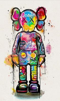 a painting of a teddy bear with colorful paint splatters on it