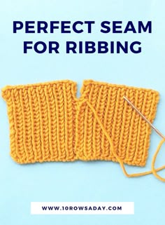 a pair of yellow knitted gloves with the words perfect seam for ribbing